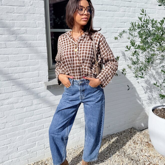 *Cotton plaid button blouse beige