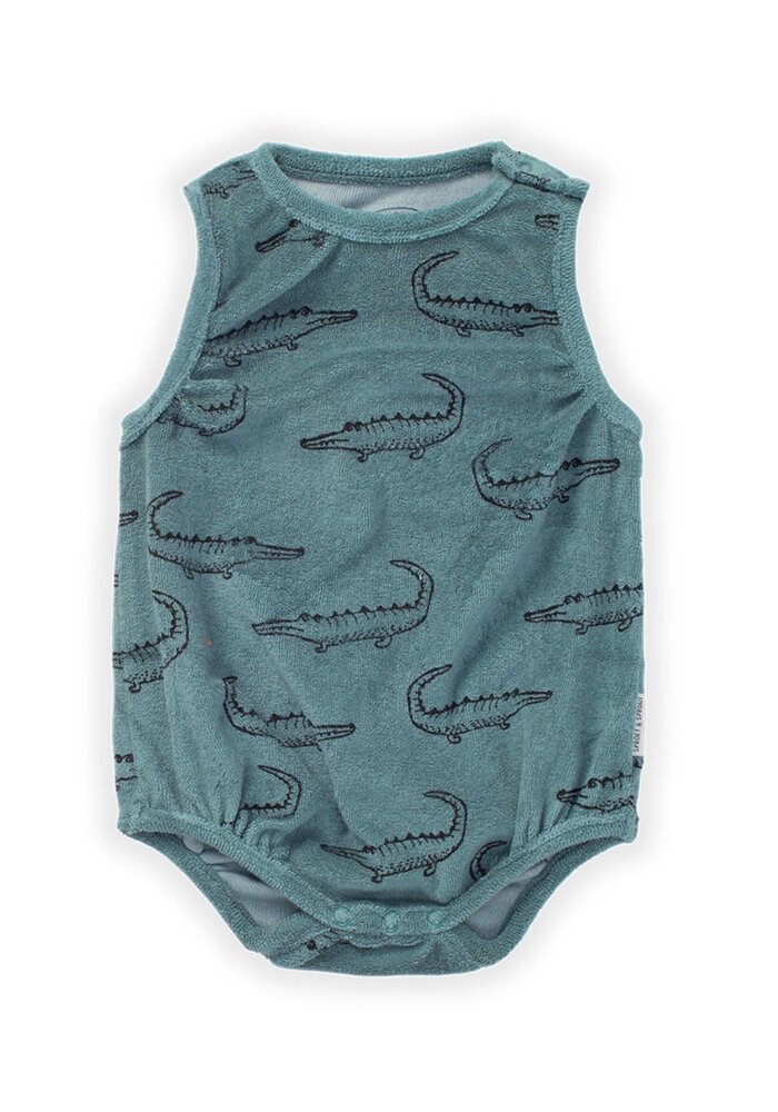 Sproet & Sprout Loose terry romper print crocodile Light petrol