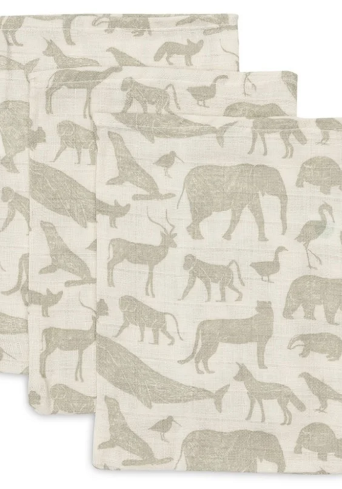 Jollein Washandje Hydrofiel Animals Olive green (3 pack)