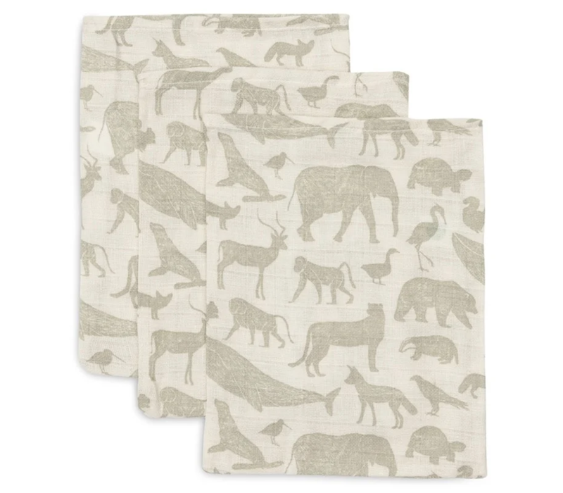 Jollein Washandje Hydrofiel Animals Olive green (3 pack)
