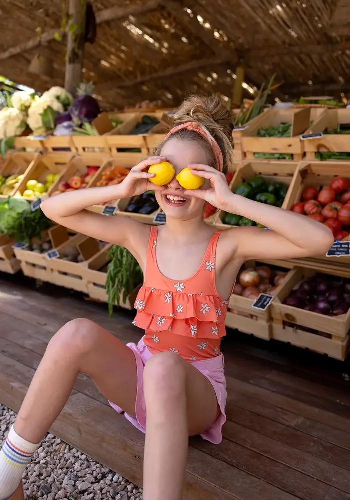 Sproet & Sprout Swimsuit chest ruffle daisies print  Blush