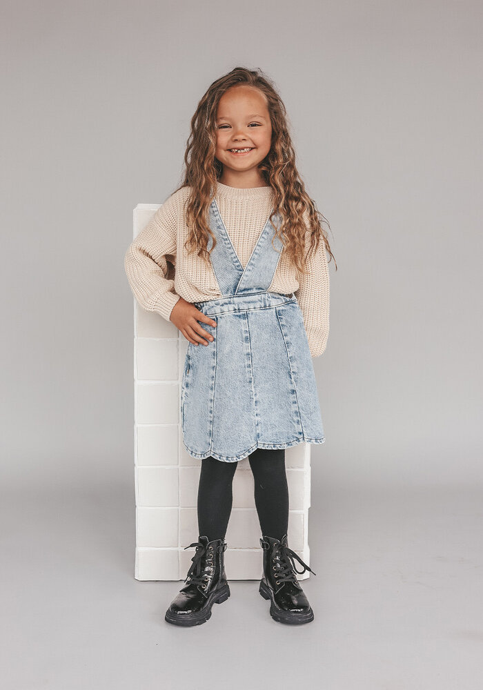 Your Wishes Stretch Denim | Scallop Salopette Dress Sky Blue