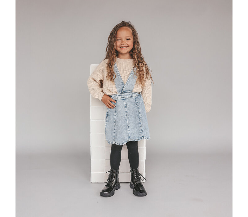 Your Wishes Stretch Denim | Scallop Salopette Dress Sky Blue