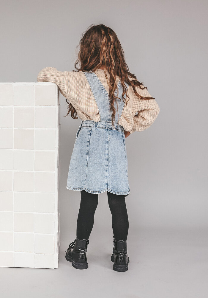 Your Wishes Stretch Denim | Scallop Salopette Dress Sky Blue