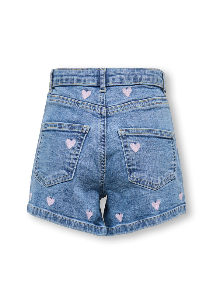 Only Kids KMGJUICY HEART EMB SHORTS DNM Light Medium Blue Denim PINK HEART EMBROIDERY