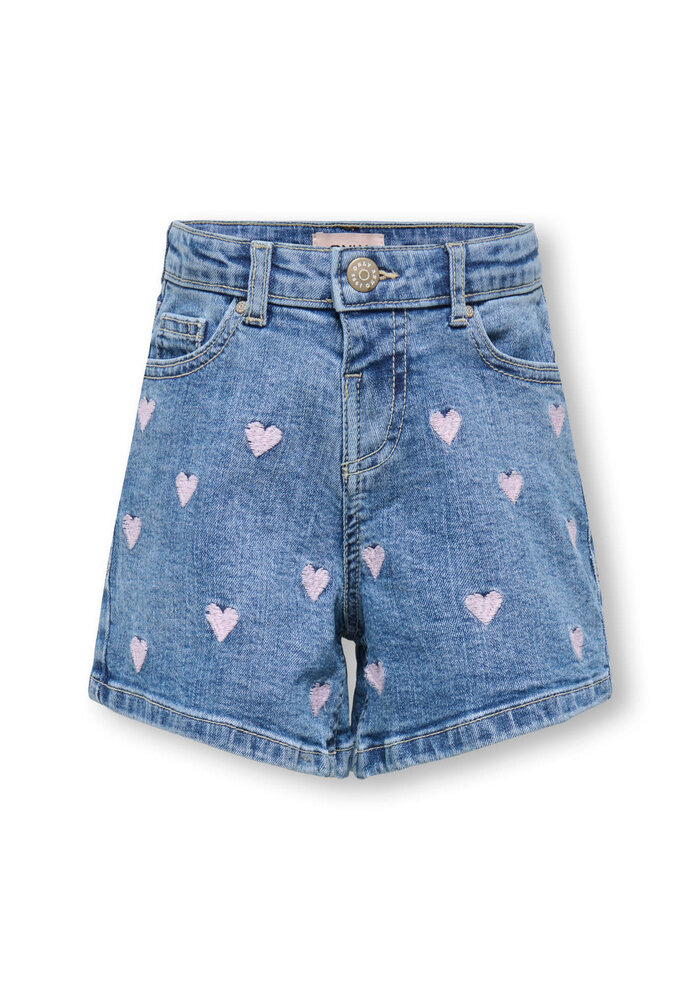 Only Kids KMGJUICY HEART EMB SHORTS DNM Light Medium Blue Denim PINK HEART EMBROIDERY