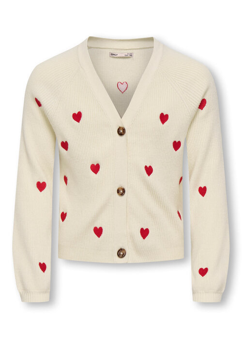 Only Kids Only Kids KOGDANA LIFE LS HEART VNECK CARDIGAN KNT Tofu EMB Barbados Cherry/Heart