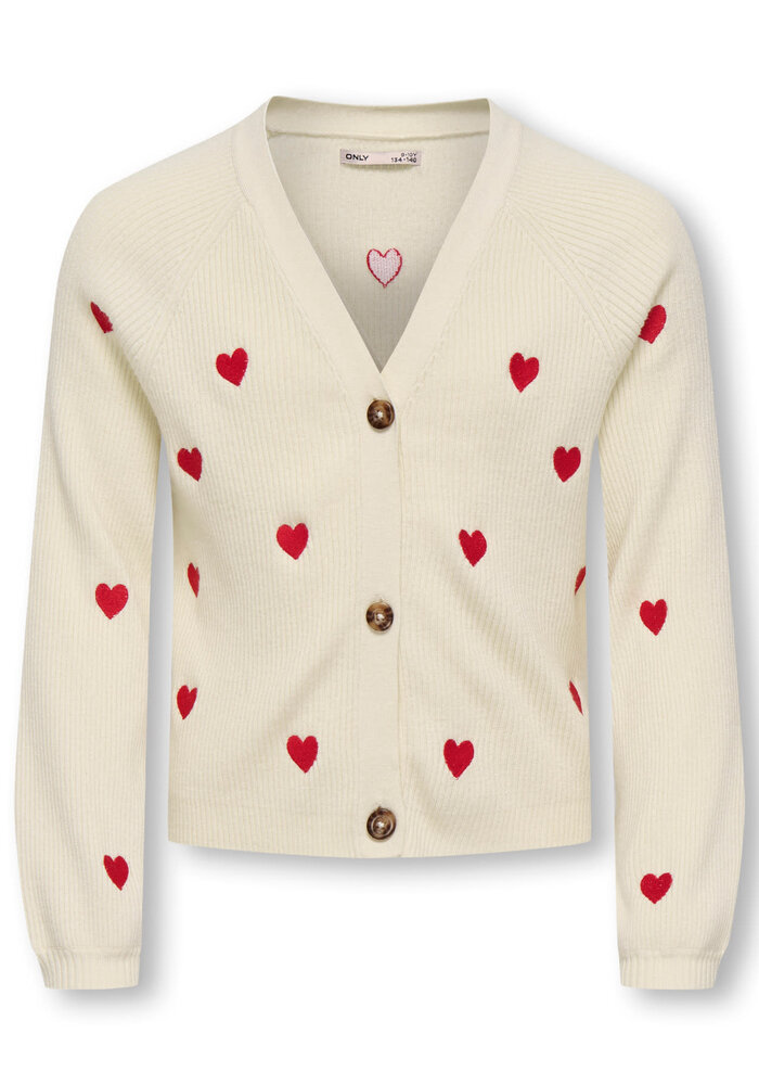 Only Kids KOGDANA LIFE LS HEART VNECK CARDIGAN KNT Tofu EMB Barbados Cherry/Heart