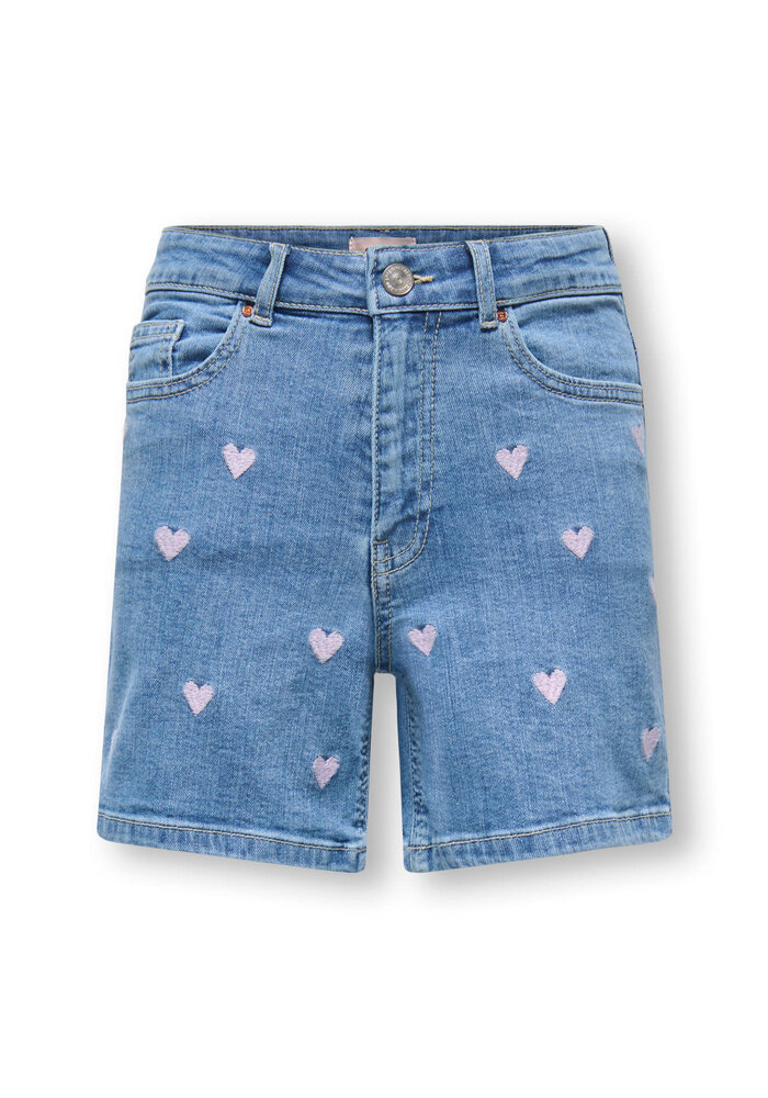 Only Kids KOGJUICY HEART EMB SHORTS DNM Light Medium Blue Denim PINK HEART EMBROIDERY