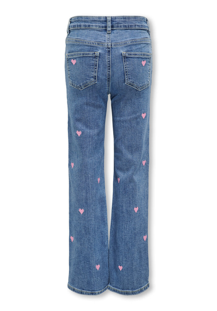 Only Kids KOGJUICY WIDE LEG HEART EMB JEANS NOOS Light Medium Blue Denim PINK HEART EMBROIDERY
