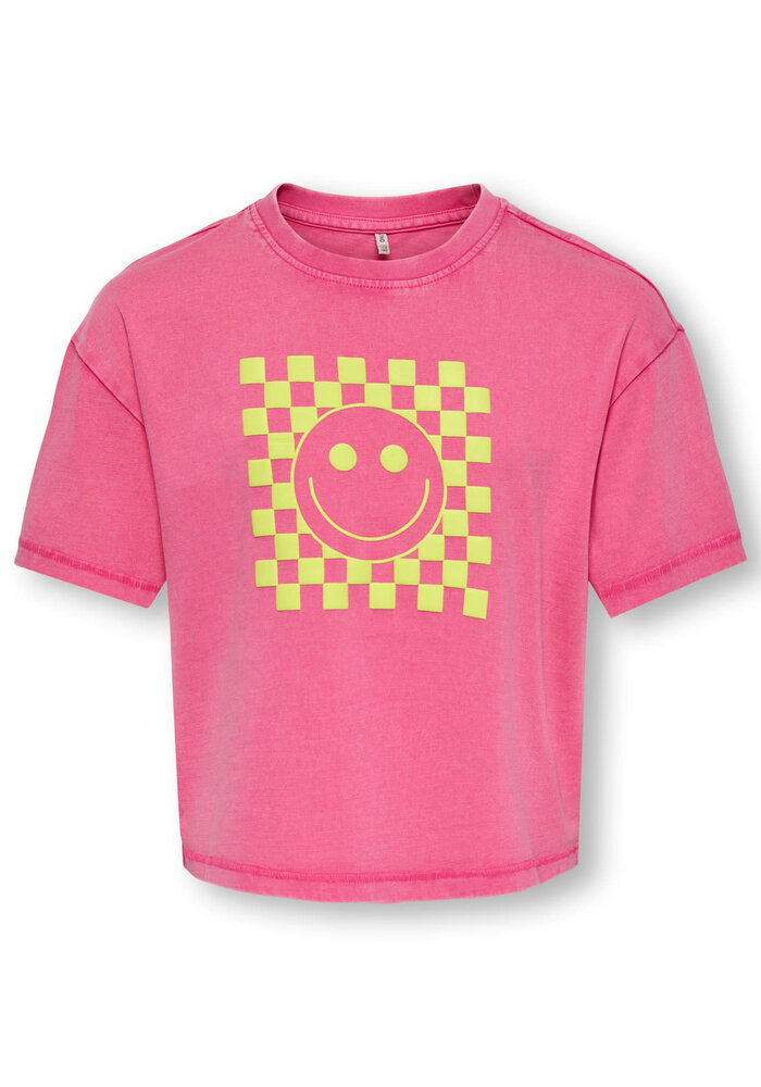 Only Kids KOGPOP LIFE SS WASHED PRINT BOXY TOP JRS Magenta Check Smiley
