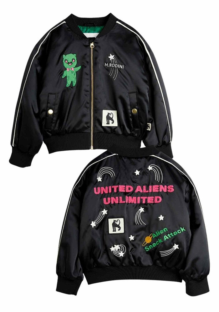 Mini Rodini United aliens unlimited satin baseball jacket Black