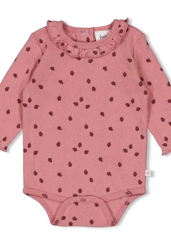 Feetje Romper ajour rib AOP - Ladybug Roze