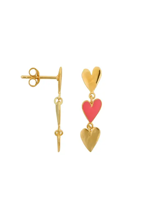 Bibi Camille Bibi Camille Medium Three Hearts Stud Earring Neon Pink Enamel Gold