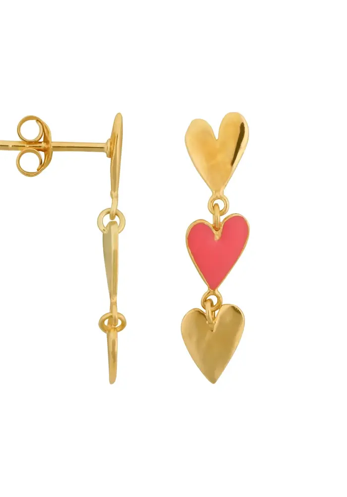 Bibi Camille Medium Three Hearts Stud Earring Neon Pink Enamel Gold