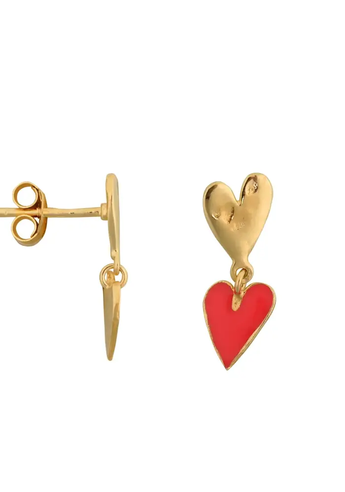 Bibi Camille Medium Two Hearts Stud Earring Neon Pink Enamel Gold