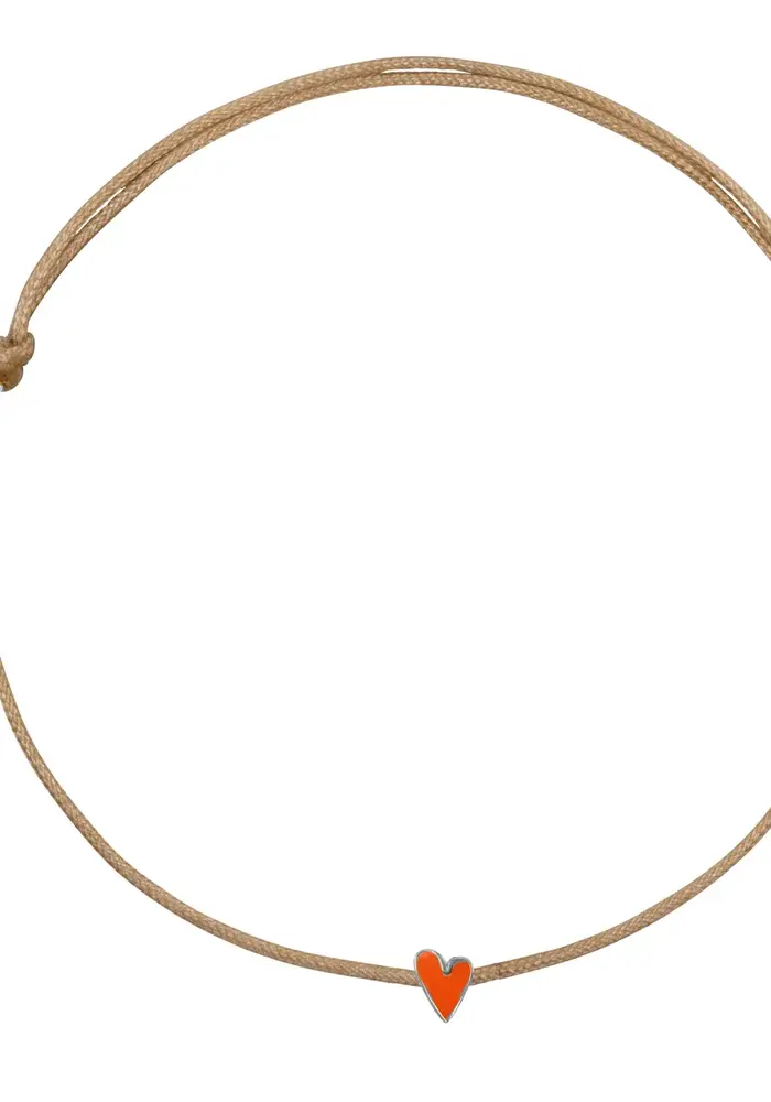 Bibi Camille Mini Heart Beige Rope Bracelet Neon Coral Enamel Silver