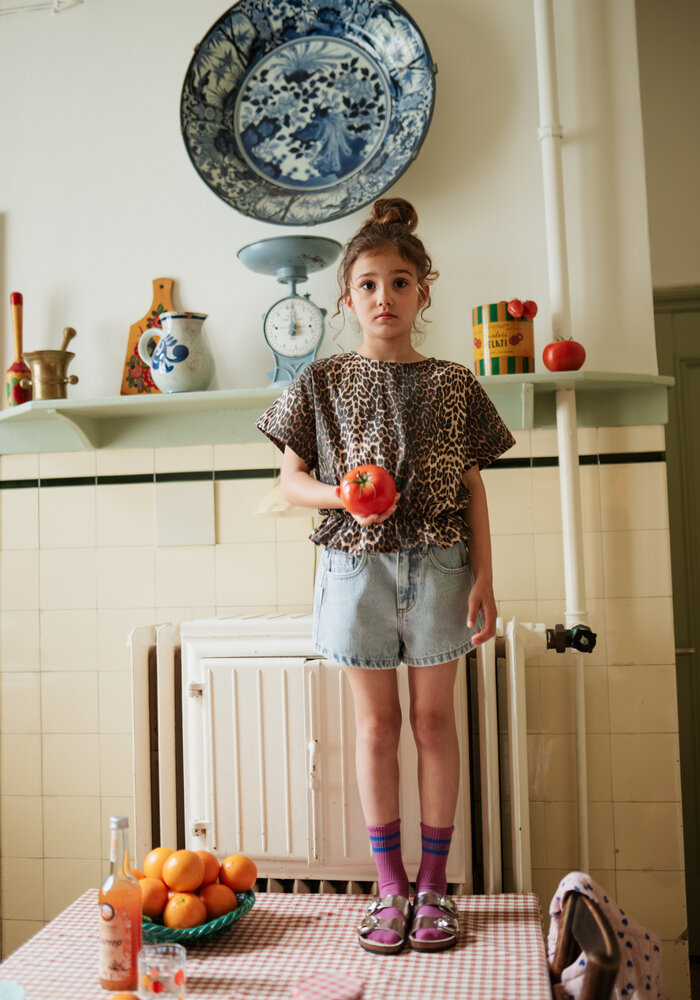 Petit Blush Blouse Elastic Waist Leopard AOP