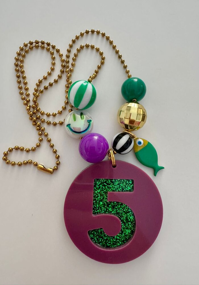 Bymelo Verjaardagsketting Plum Paars/ Groen Glitter cijfer 5