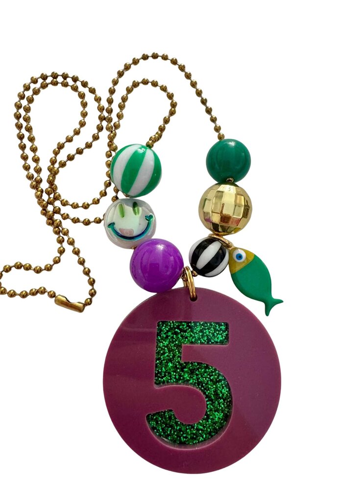 Bymelo Verjaardagsketting Plum Paars/ Groen Glitter cijfer 5
