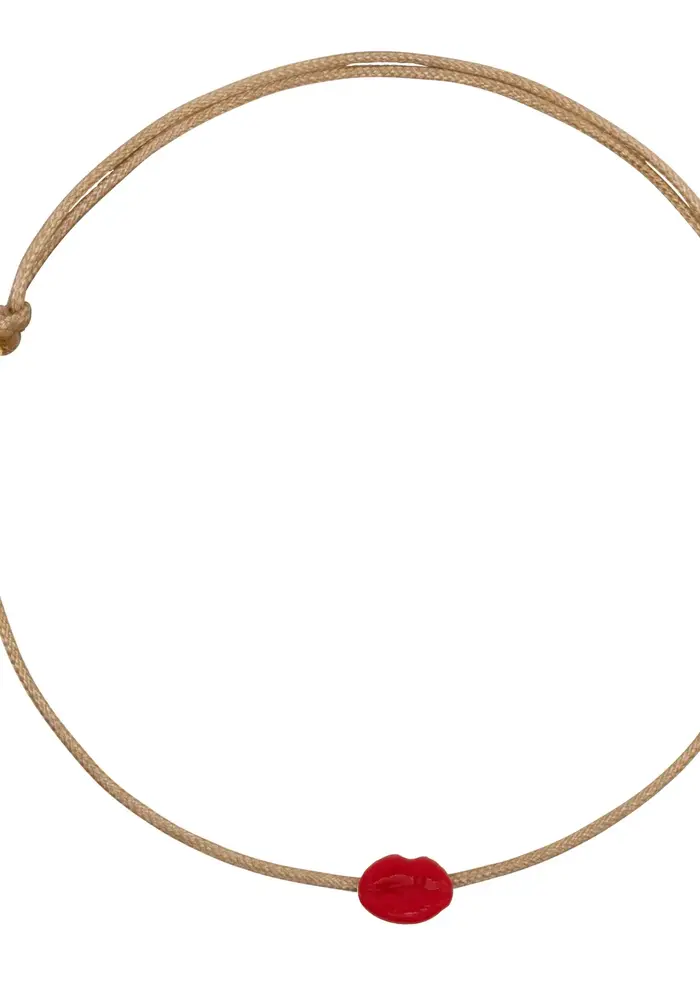Bibi Camille Lips Beige Rope Bracelet Red Enamel Silver