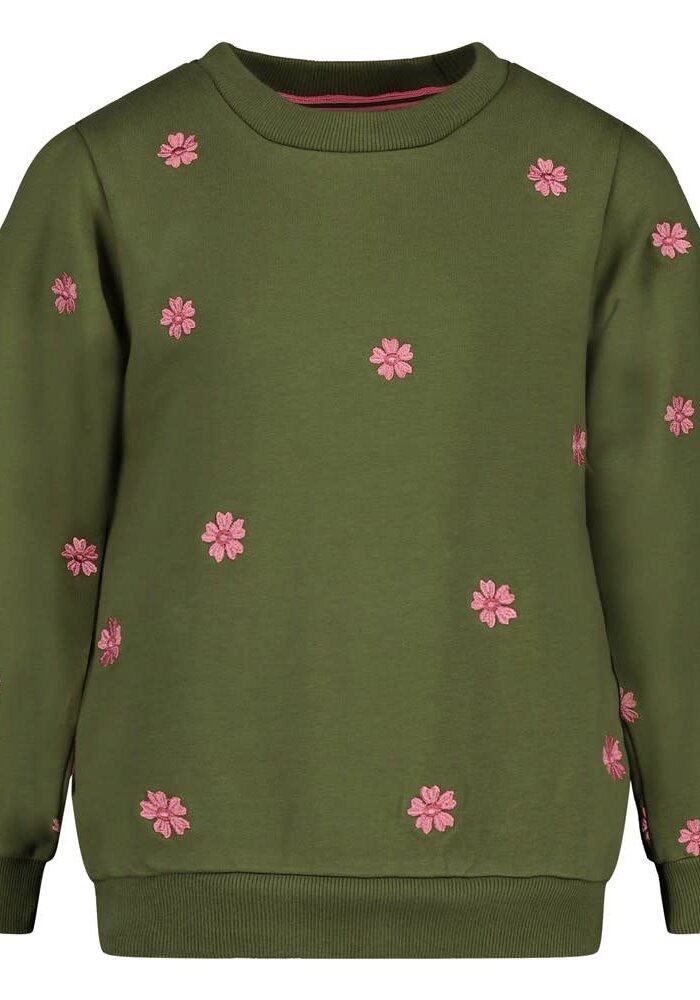 Jubel Sweater met borduursels - Moon Flowers Olijf