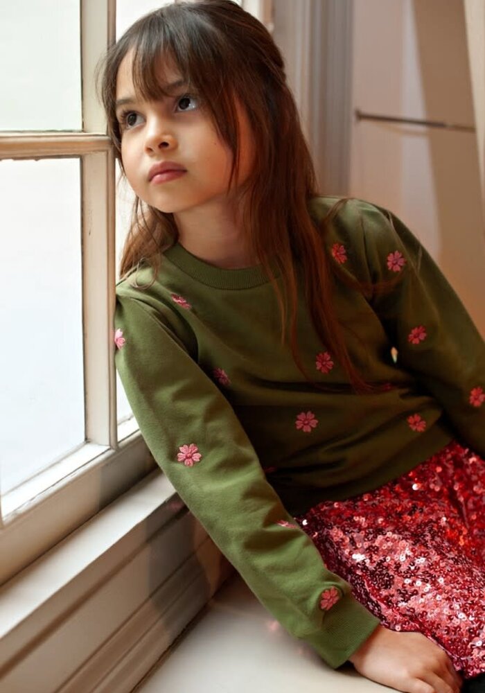 Jubel Sweater met borduursels - Moon Flowers Olijf