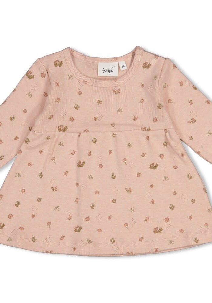 Feetje Jurk pointelle rib AOP - Fall in Love Roze melange
