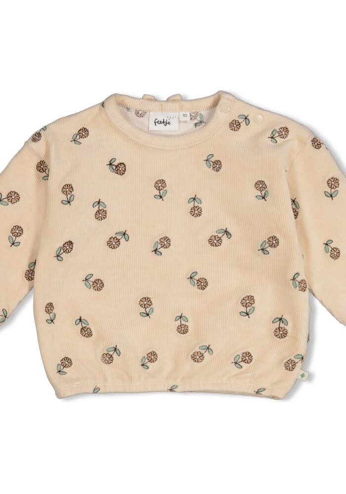 Feetje Sweater velours rib met borduursels - Lucky Bloombird Offwhite