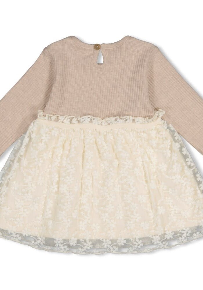 Feetje Jurk met geborduurd tule - Dress to Impress Taupe melange