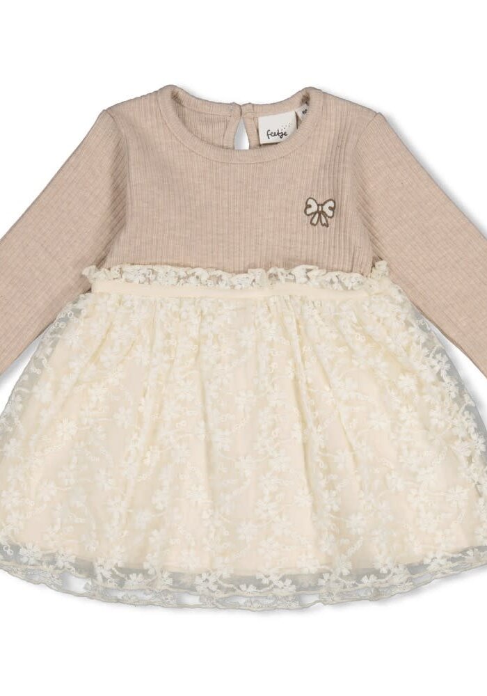 Feetje Jurk met geborduurd tule - Dress to Impress Taupe melange