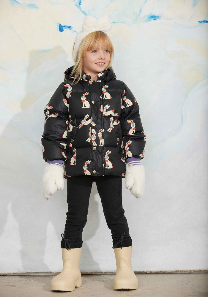 Mini Rodini Rabbits aop hooded puffer Black