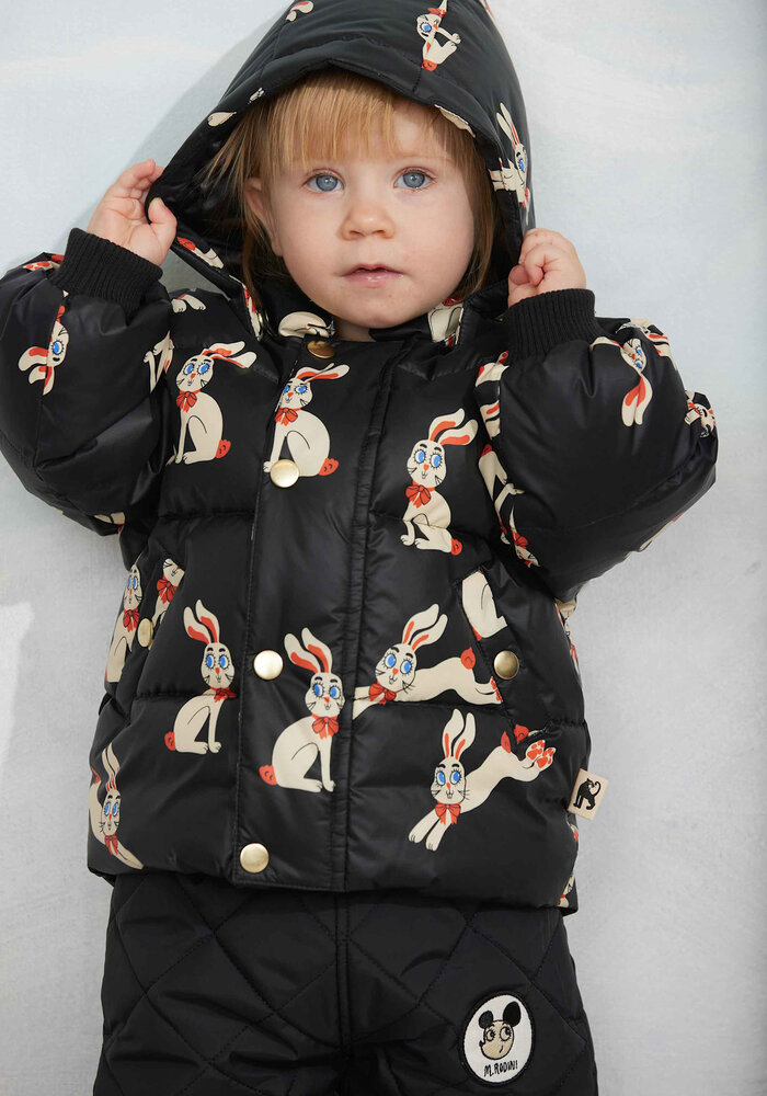 Mini Rodini Rabbits aop hooded puffer Black