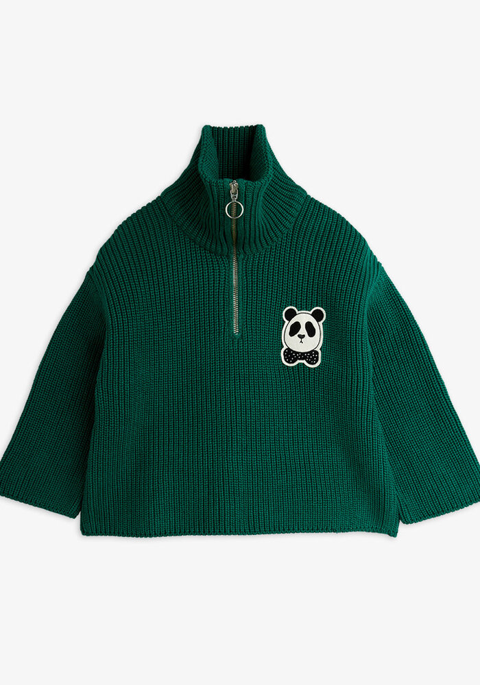Mini Rodini Panda patch chunky knit half zip sweater Green
