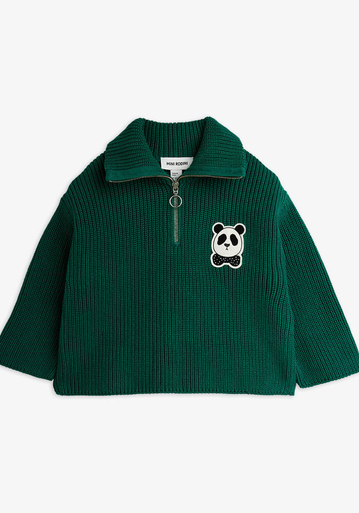 Mini Rodini Panda patch chunky knit half zip sweater Green