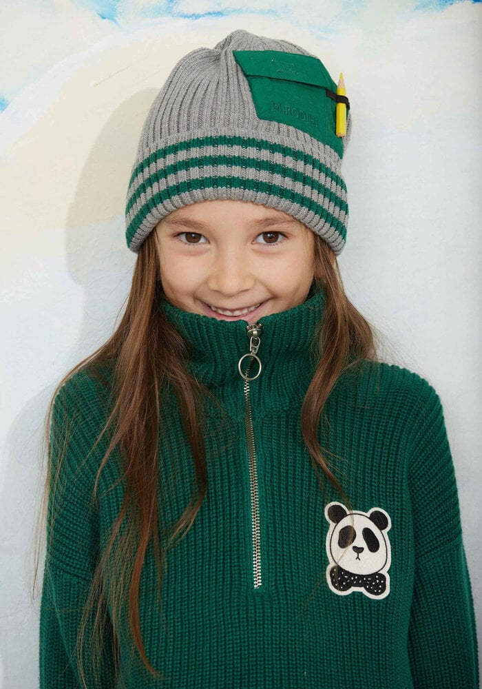 Mini Rodini Panda patch chunky knit half zip sweater Green