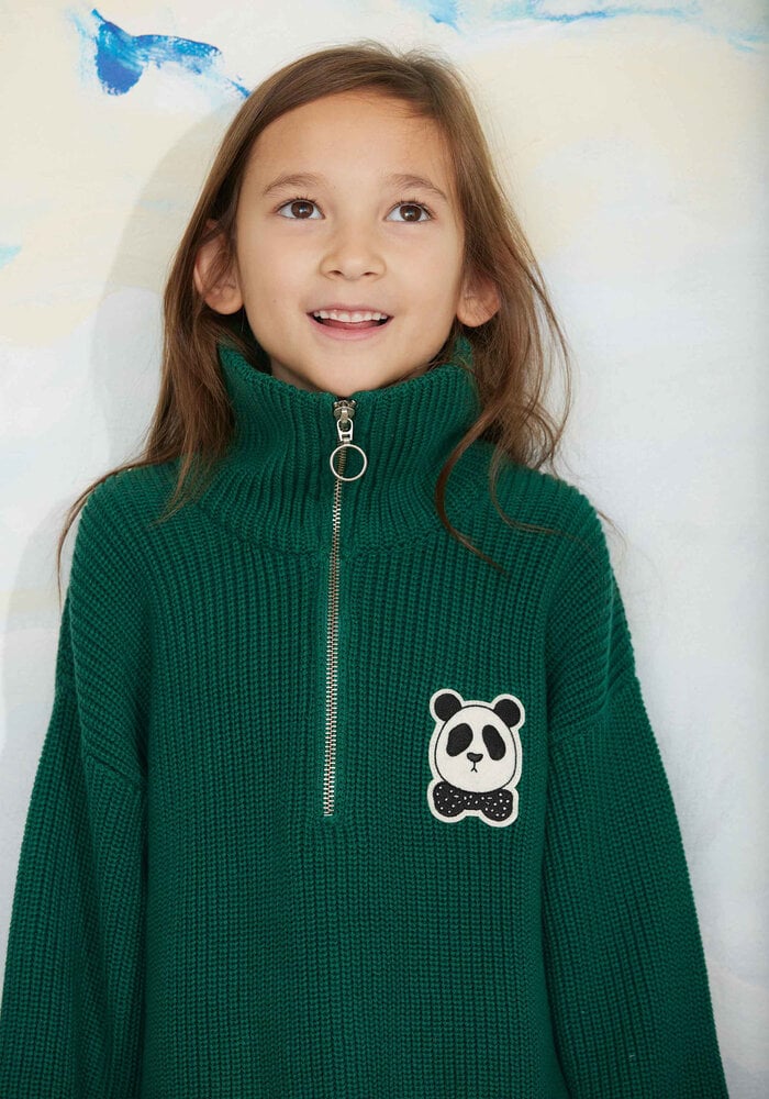 Mini Rodini Panda patch chunky knit half zip sweater Green
