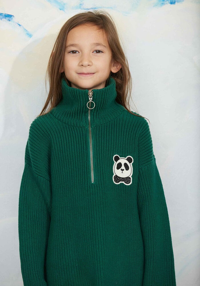 Mini Rodini Panda patch chunky knit half zip sweater Green