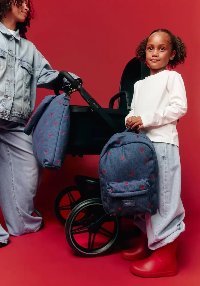 Studio Noos Denim Mom Bag | Dark Blue red Hearts