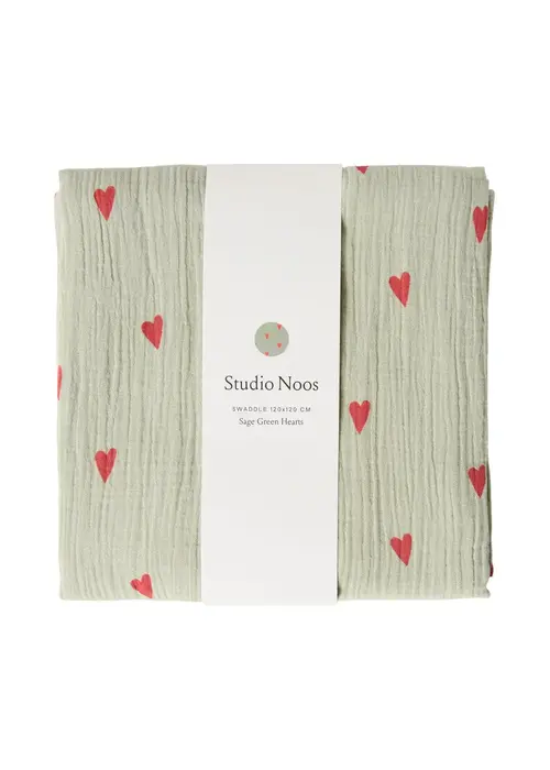 Studio Noos Studio Noos Sage Green Hydrofiele Doek Met Hartjes – Large