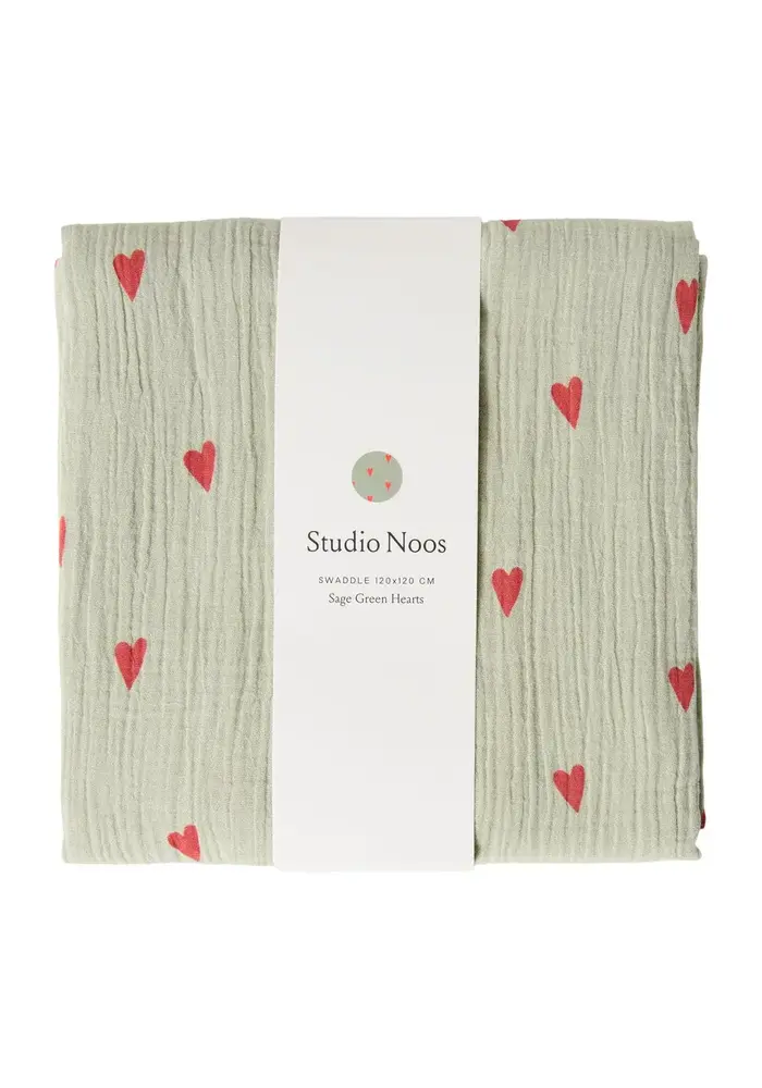 Studio Noos Sage Green Hydrofiele Doek Met Hartjes – Large