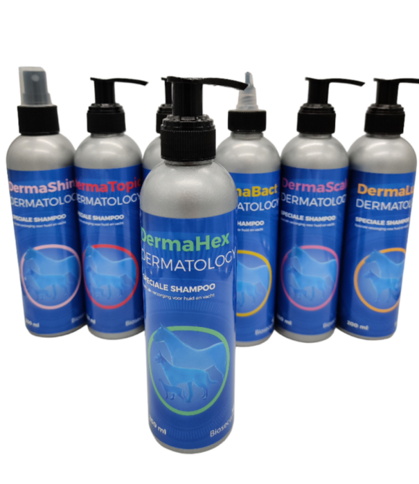 Derma-prescription Derma Hex 200 ML is een hypoallergene, milde shampoo, met 4% Chloorhexidine in zowel vrije vorm, als in liposomen ingekapselde vorm.