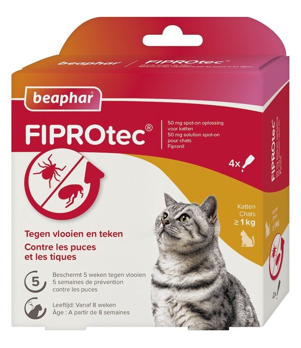 Fiprotec Beaphar FIPROtec® Spot-On voor Katten (1kg+) – 4 Pipetten Vlooien- en Tekenbestrijding