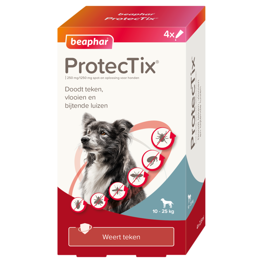 Beaphar ProtecTix® chien 10-25kg 4 pipettes - contre les tiques, les puces, les poux broyeurs, les phlébotomes, les moustiques et les mouches des étables.-1