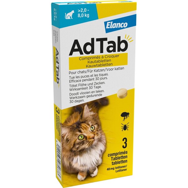 AdTab AdTab Kauwtabletten voor Katten (2-8 kg) – 48 MG - Effectieve Maandelijkse Bescherming tegen Vlooien en Teken