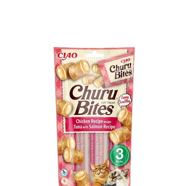 CIAO Ciao Churu Katten Snacks Kip, Tonijn en Zalm Bites 3x10g - Kattenverwennerij met een romige verrassing