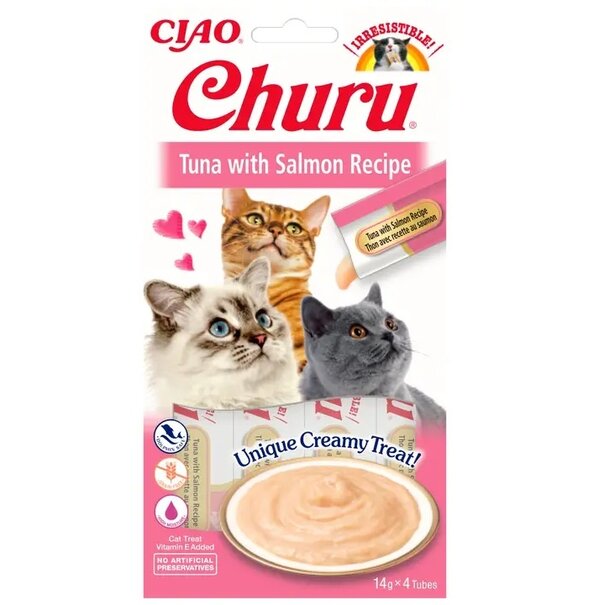 CIAO Inaba CIAO Churu Gato Atún con Salmón – Snack Cremoso y Saludable para Tu Gato -  4x14gr