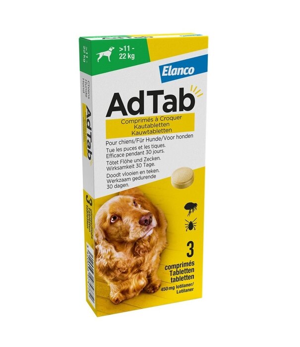AdTab AdTab Comprimé à Mâcher Chien 11–22 kg – 30 Jours de Protection contre les Puces et les Tiques avec Lotilaner