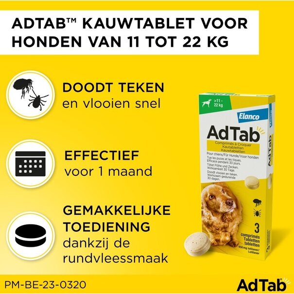 AdTab AdTab Comprimé à Mâcher Chien 11–22 kg – 30 Jours de Protection contre les Puces et les Tiques avec Lotilaner