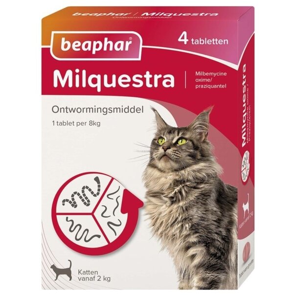 Milquestra Beaphar Milquestra Wormtabletten voor Katten – 4 Tabletten – Ontworming tegen Spoel-, Haak- en Lintwormen